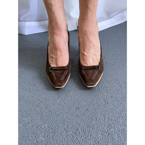 50s Delman VTG Brown Suede Ladies Pump Wood Heel Made in England Suede Sz 7-7.5 - Picture 3 of 11